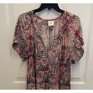 Knox Rose Pink  Red Abstract Print Boho Prairie Short Sleeve Tiered Dress Size M